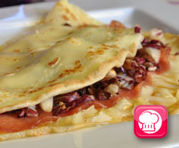 Crepes salame, chicory and walnuts